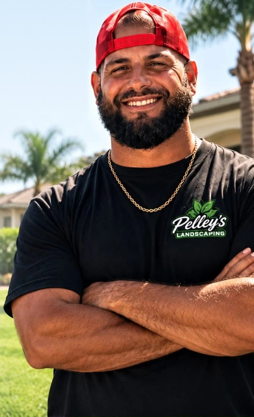 The owner of Pelley's Landscaping, smiling in a Pelley's Landscaping shirt